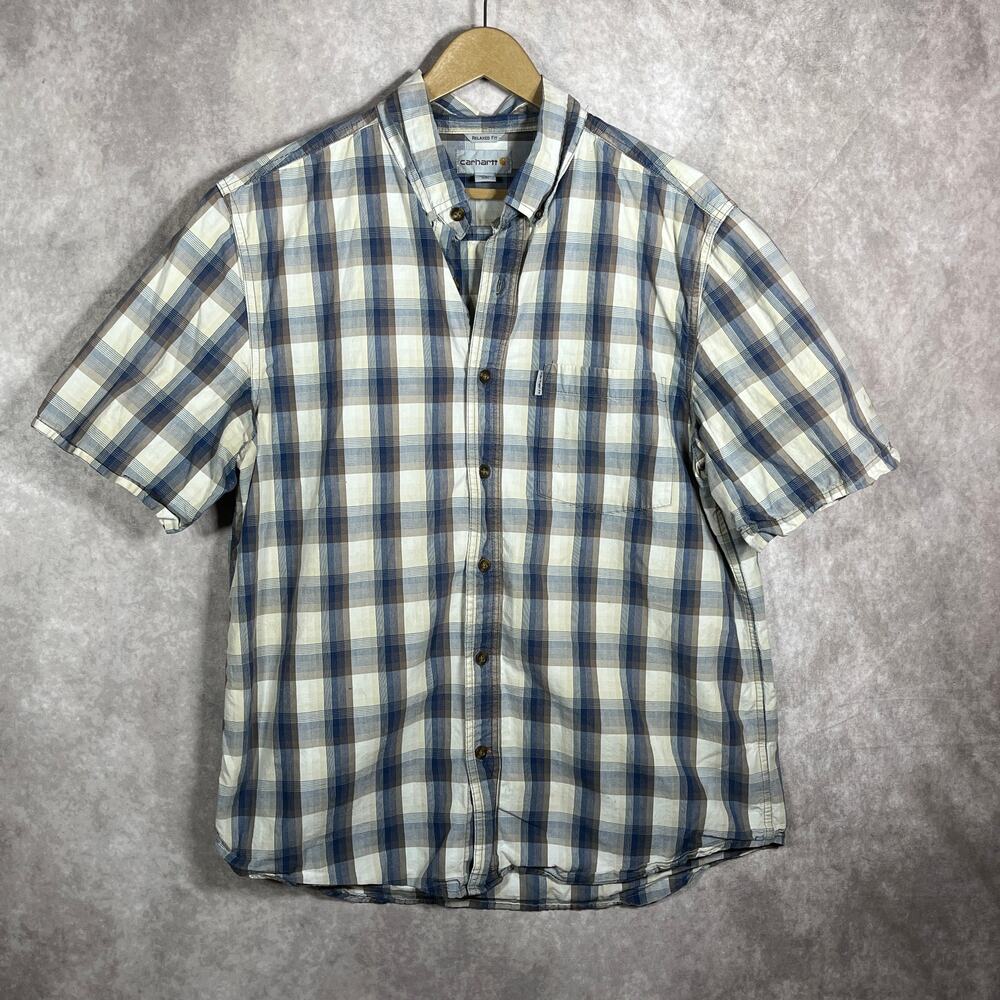 Carhartt Shirt Mens Large Blue Essential Plaid Button Down Short Sleeves 101959
